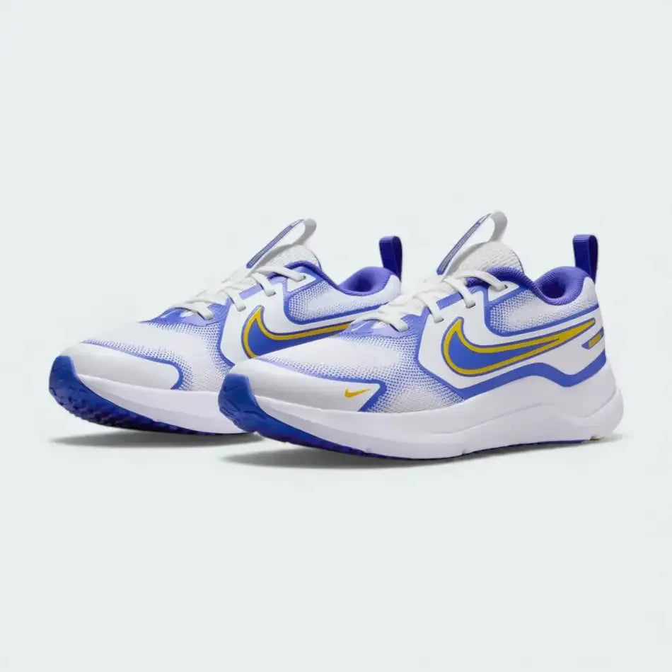 Angled view of two Nike Cosmic Runner Juniors' white running trainers, side by side, showcasing their versatile design and cushioned profile.