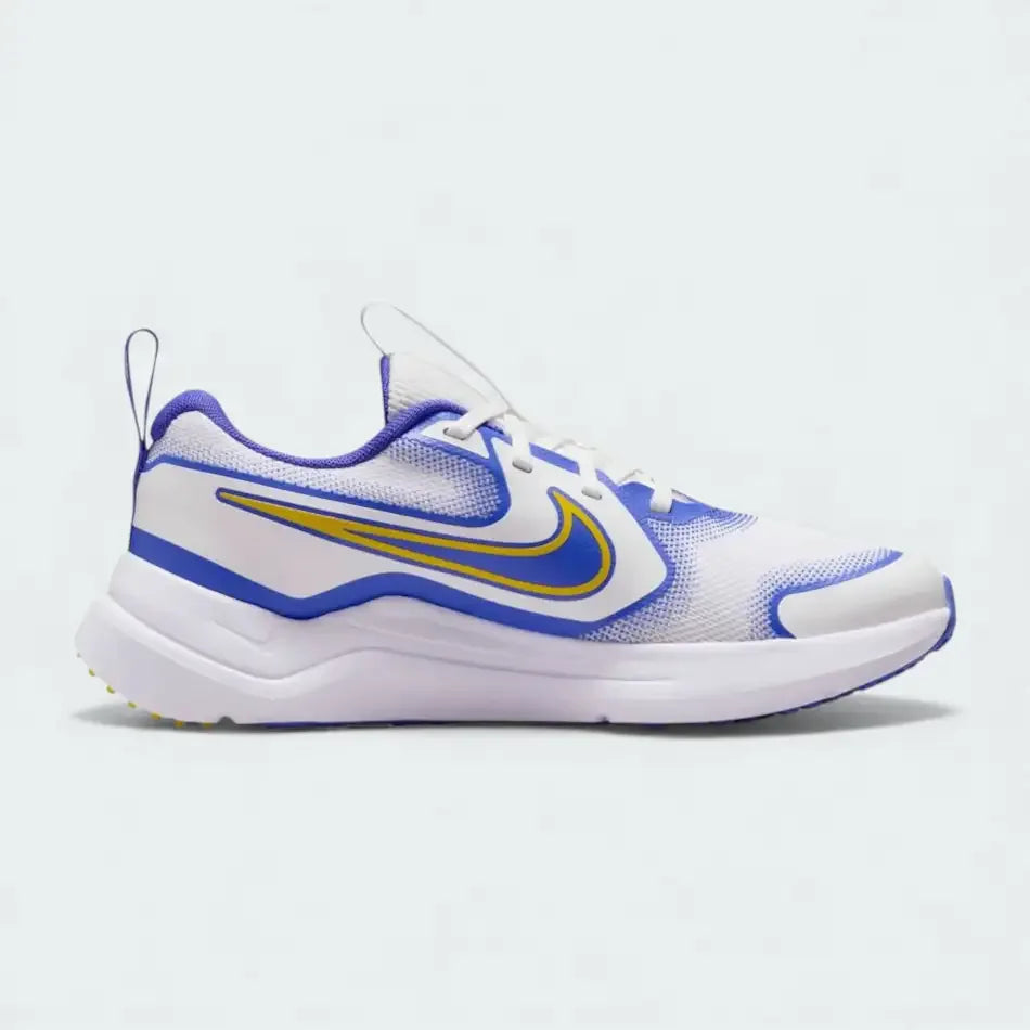 Nike Cosmic Runner Juniors' running trainers in summit white with bright citron yellow accents, side profile showing mesh upper, cushioned midsole, and Nike Swoosh. Main image