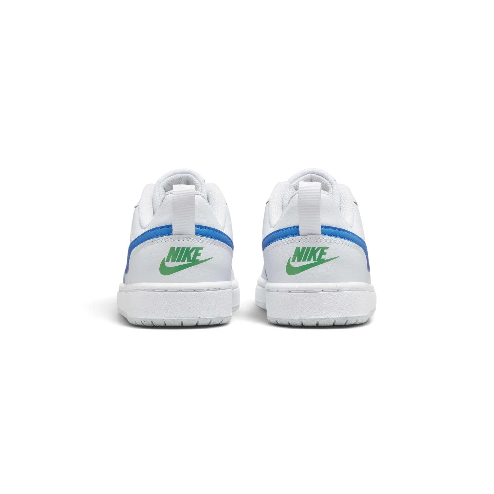 Focuses on the rear profile, displaying the clean white leather heel counters, blue leather trim, prominent Stadium Green printed Nike Air branding, white webbing pull loops, and solid cupsole base.