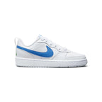 Highlights the classic low-cut lateral silhouette featuring the all-white leather upper, bold Photo Blue leather Nike Swoosh extending to the heel, stitched white rubber cupsole, and green heel branding hit.