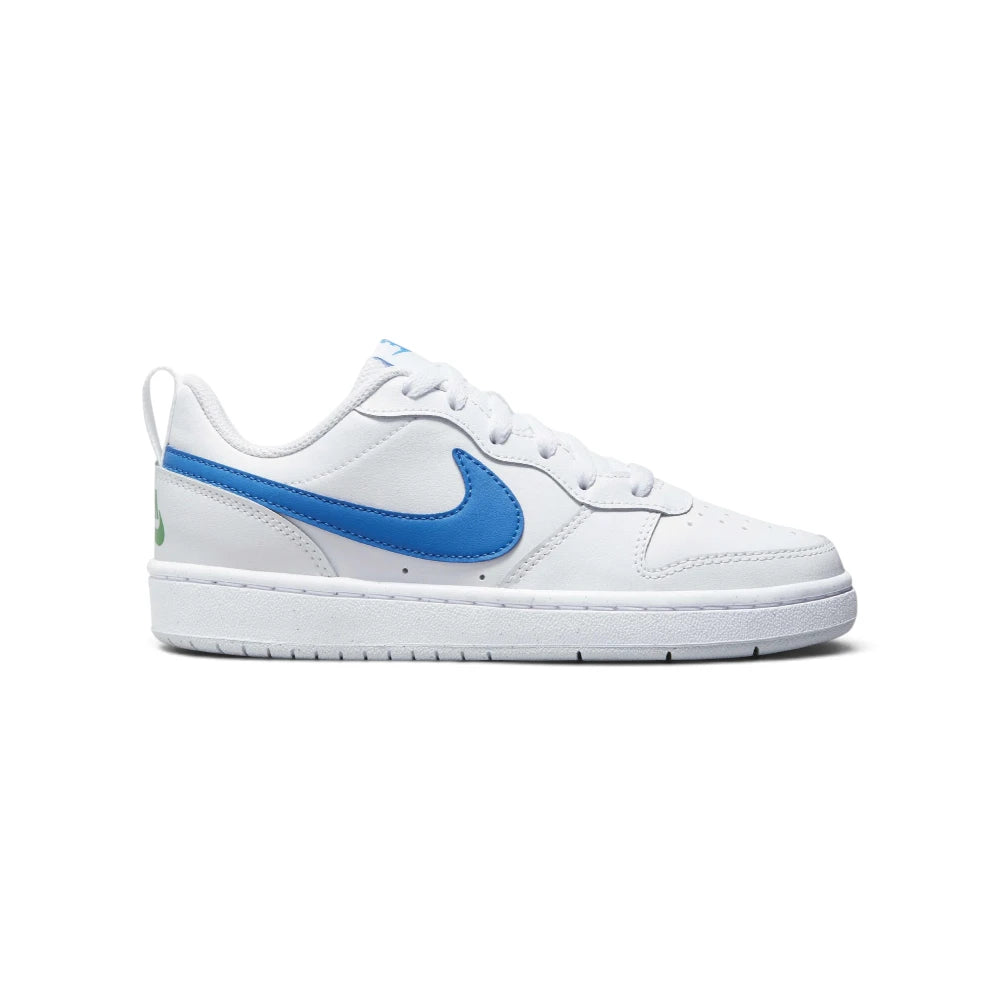 Highlights the classic low-cut lateral silhouette featuring the all-white leather upper, bold Photo Blue leather Nike Swoosh extending to the heel, stitched white rubber cupsole, and green heel branding hit.