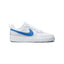 Highlights the classic low-cut lateral silhouette featuring the all-white leather upper, bold Photo Blue leather Nike Swoosh extending to the heel, stitched white rubber cupsole, and green heel branding hit.