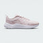 Highlights the lateral profile showing the subtle white printed Swoosh outline over the Barely Rose mesh upper, Pink Oxford midfoot overlay, white foam midsole, and the subtle Sunburst pinwheel logo on the tongue.