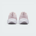 Focuses on the rear profile, highlighting the fabric heel pull loops, structured Barely Rose heel counters, and the wide flared base of the white foam midsole.