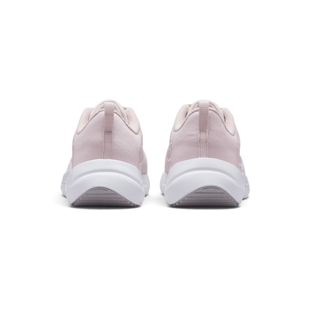 Focuses on the rear profile, highlighting the fabric heel pull loops, structured Barely Rose heel counters, and the wide flared base of the white foam midsole.