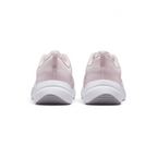 Focuses on the rear profile, highlighting the fabric heel pull loops, structured Barely Rose heel counters, and the wide flared base of the white foam midsole.