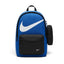 A Nike backpack in royal blue and black, featuring a large white Swoosh logo on the front, a black front zippered pocket, and a black side pouch, shown on a white background.