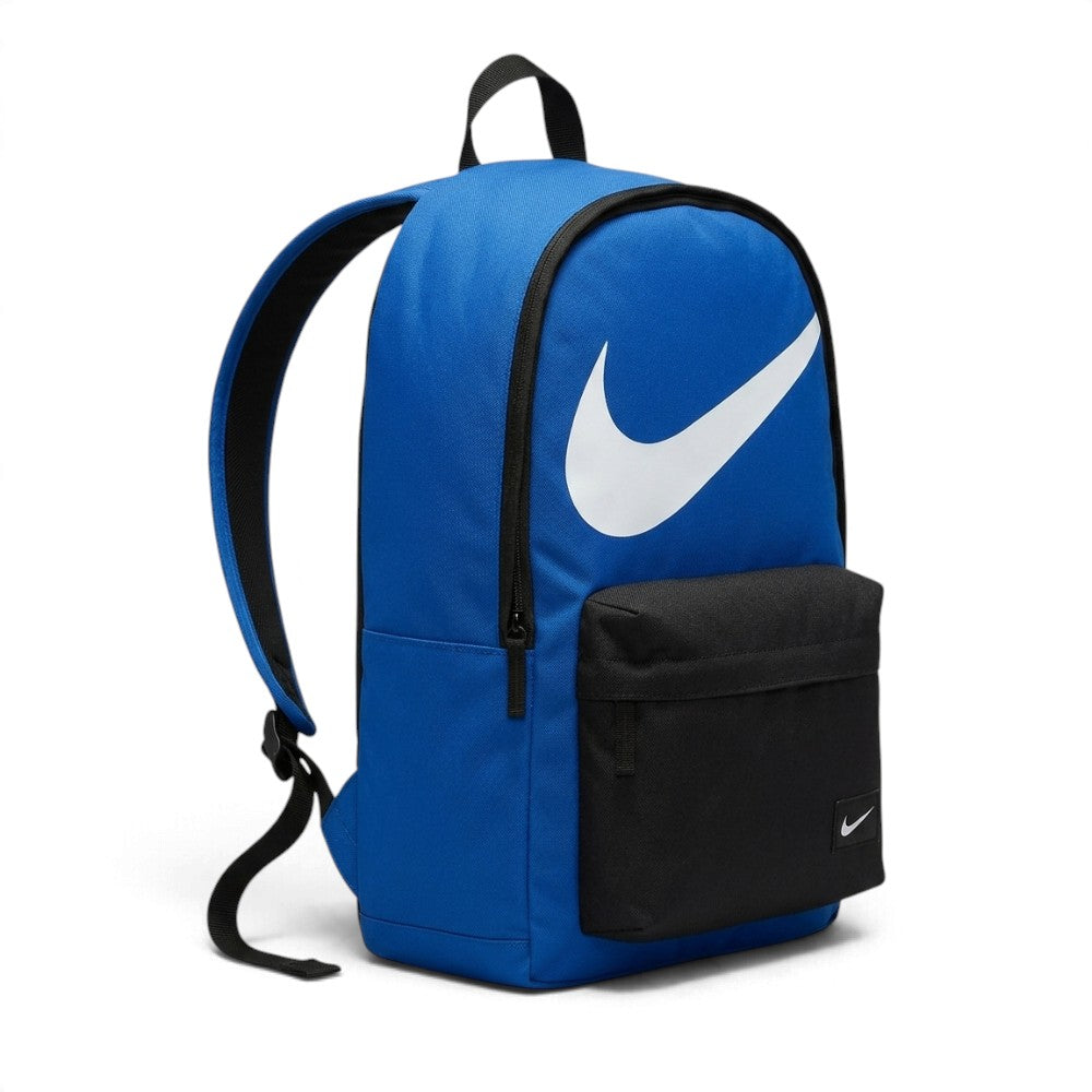 A Nike backpack in royal blue with a black front pocket and black shoulder straps, featuring a large white Nike swoosh on the front.