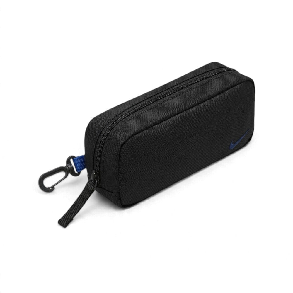 A black Nike zippered pencil case with a blue swoosh logo and a black carabiner clip, shown on a plain white background.