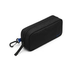 A black Nike zippered pencil case with a blue swoosh logo and a black carabiner clip, shown on a plain white background.