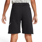 Back view of the young model wearing the shorts, demonstrating the relaxed cut and rear proportions.
