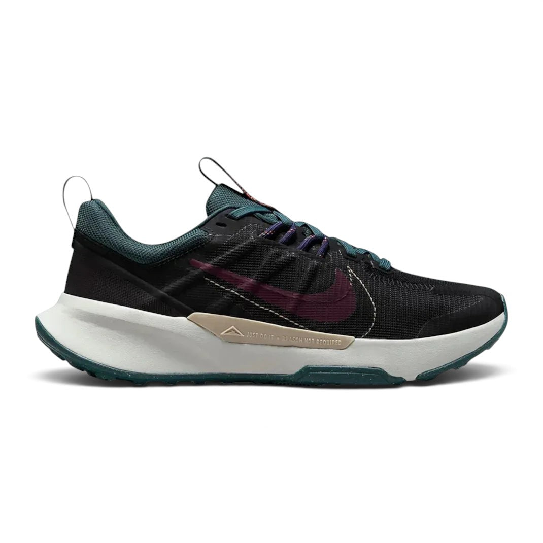 Nike Juniper Trail 2 Women's trail shoes in black with night maroon and deep jungle accents, side profile showing mesh upper, rugged overlays, and aggressive outsole. Main image