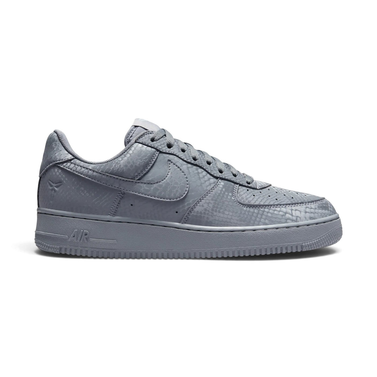 Displays the full lateral silhouette featuring the smooth cool grey and wolf grey leather upper, perforated toe box, tonal side Swoosh overlay, thick matching grey foam midsole with embossed "AIR" lettering, and durable rubber outsole. Main image