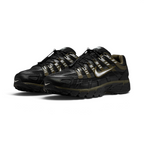 Emphasising the low-cut, aggressive three-quarter techwear stance of the trainers and the stealthy contrast between the black mesh uppers and Cargo Khaki structural cage overlays.