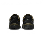 Focuses on the rear profile, highlighting the black synthetic heel counters with white micro-Swoosh logos, Cargo Khaki frame, and the wide black foam midsole base.