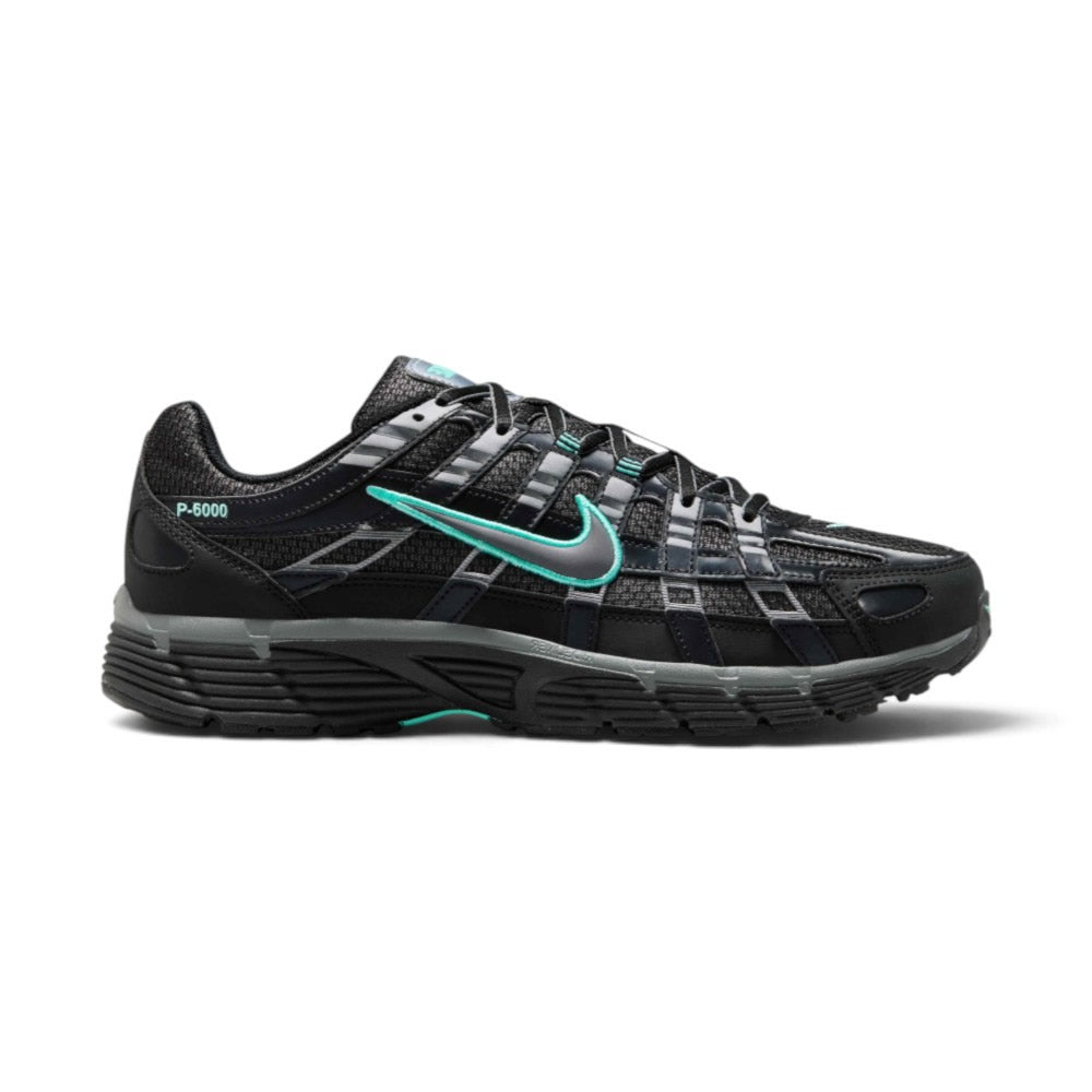 Capturing the 2000s retro running silhouette, detailing the black open-mesh upper, horizontal and vertical metallic cool grey leather overlays, dimensional moulded Swoosh framed in hyper turquoise embroidery, sculpted dual-tone foam midsole, and black rubber outsole edge.