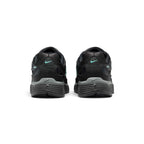 Showing the structured rear heel counter, detailing the layered metallic cool grey leather heel wrap, hyper turquoise mini Swoosh embroidery, padded Achilles collar, and sculpted foam heel bevel.