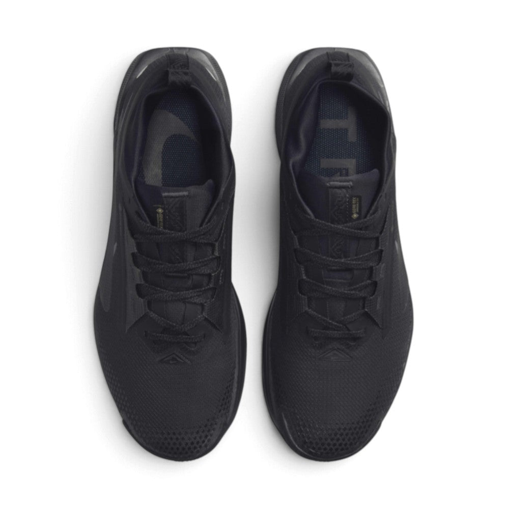 Direct overhead view of both shoes laid flat, showcasing the seamless weather-sealed toe boxes, flat black laces threaded through reinforced eyestays, GORE-TEX tongue branding, and cushioned interior footbeds.
