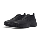 Forward three-quarter angle showcasing both shoes side by side, highlighting the rugged off-road stance, weather-resistant mesh texture, and clean all-black utilitarian design.