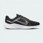 Highlights the high-velocity white Nike Swoosh slashing across the professional depth of the black engineered mesh upper and the contoured midsole wall.