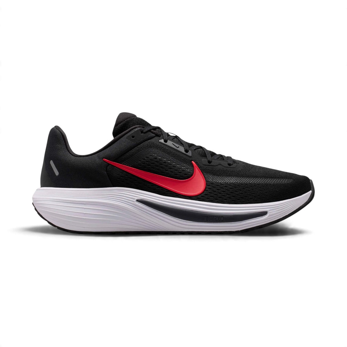 Side profile of the Nike Quest 7 Men's Road Running Trainer in Black, Red Orbit, and White showing engineered mesh upper, Cushlon 3.0 midsole, and rubber outsole. Main image