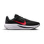 Side profile of the Nike Quest 7 Men's Road Running Trainer in Black, Red Orbit, and White showing engineered mesh upper, Cushlon 3.0 midsole, and rubber outsole.