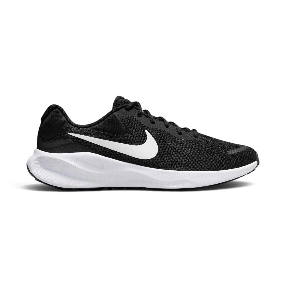 Highlights the clean lateral profile showing the Black engineered mesh upper, prominent White Nike Swoosh, sculpted white foam midsole, and black rubber outsole with heel wrap. Main image