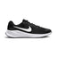 Highlights the clean lateral profile showing the Black engineered mesh upper, prominent White Nike Swoosh, sculpted white foam midsole, and black rubber outsole with heel wrap.