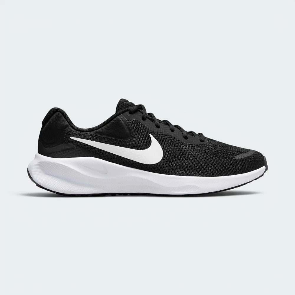 Highlights the high-velocity sweep of the contrasting white Nike Swoosh, showing the professional texture of the black engineered mesh upper, the prominent white foam midsole wall, and the plush external Achilles heel puffs.