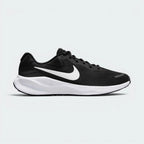 Highlights the high-velocity sweep of the contrasting white Nike Swoosh, showing the professional texture of the black engineered mesh upper, the prominent white foam midsole wall, and the plush external Achilles heel puffs.