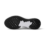 Displays the generative black rubber outsole, showcasing the dense pod traction pattern, forefoot break lines, central white foam core channel, and debossed mini Swoosh.