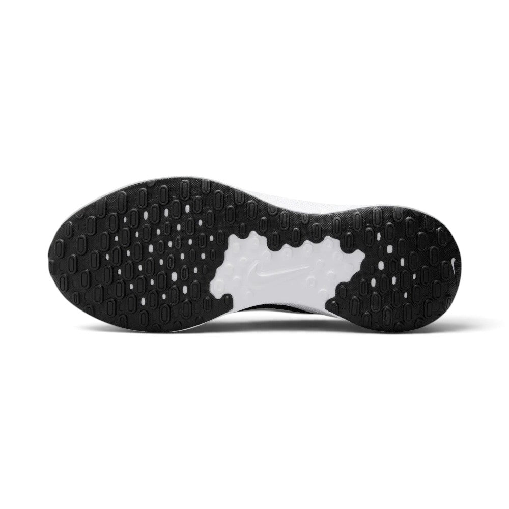 Displays the generative black rubber outsole, showcasing the dense pod traction pattern, forefoot break lines, central white foam core channel, and debossed mini Swoosh.