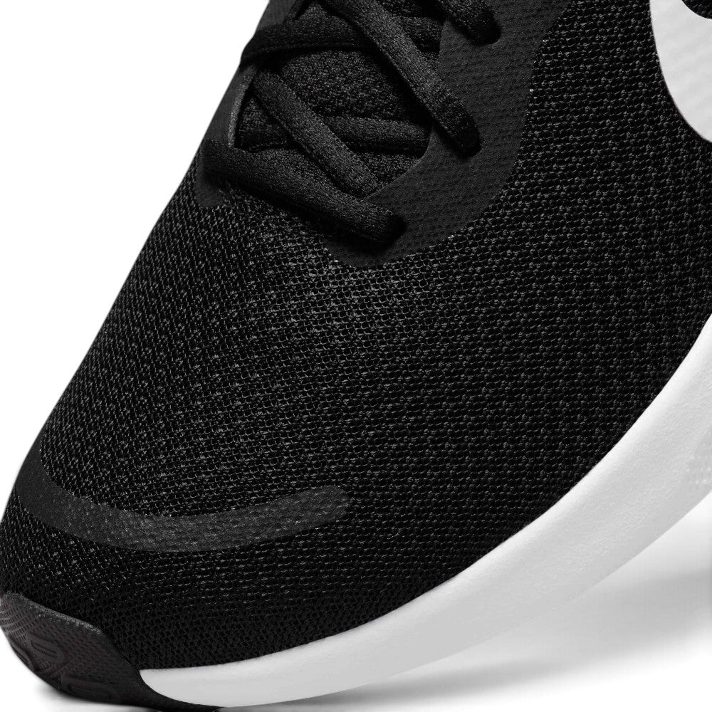 Details the micro-precision of the forefoot area, showing the open-weave black mesh toe box, bonded protective overlay strip, flat black laces, and wider toe profile.