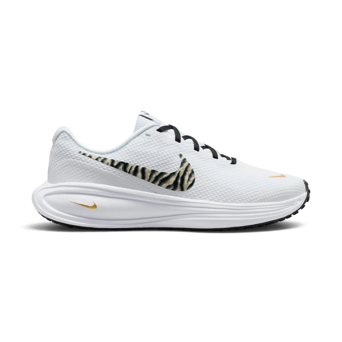 Side Profile Image: Studio lateral shot of the Nike Revolution 8 women's running shoes in white, black, and metallic gold, highlighting the breathable mesh upper, animal-print Swoosh, white foam midsole, and black rubber outsole.    Main image