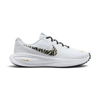 Side Profile Image: Studio lateral shot of the Nike Revolution 8 women's running shoes in white, black, and metallic gold, highlighting the breathable mesh upper, animal-print Swoosh, white foam midsole, and black rubber outsole.   