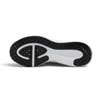 Outsole View: Bottom-down view of the black and white rubber outsole, showcasing the podular traction pattern, central flex grooves, and curved arch design.   