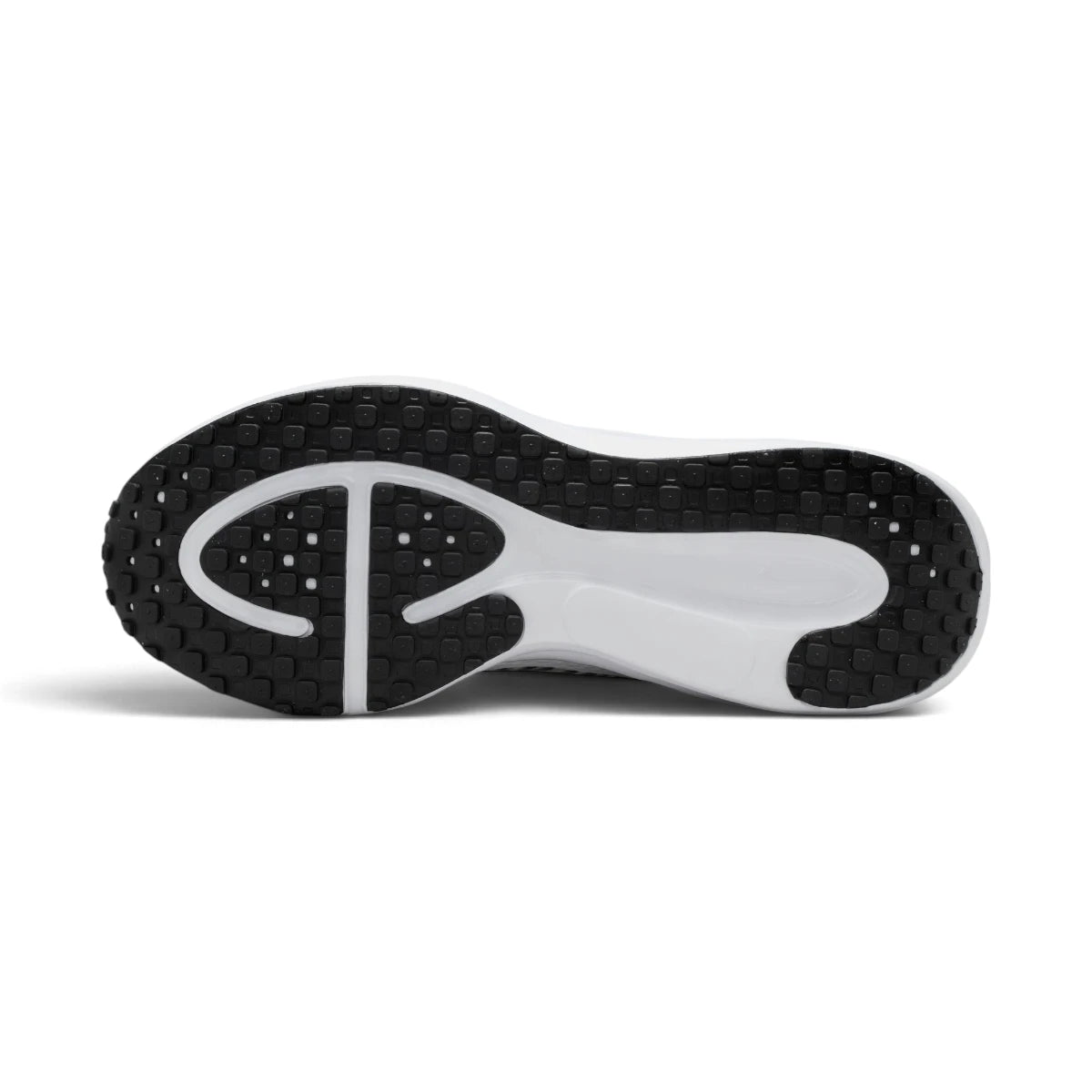 Outsole View: Bottom-down view of the black and white rubber outsole, showcasing the podular traction pattern, central flex grooves, and curved arch design.   