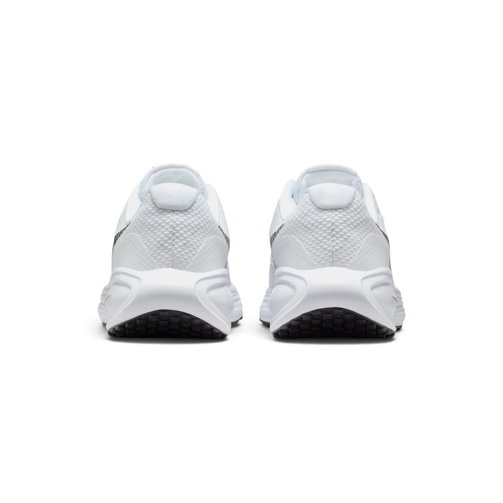 View from Behind Looking at the Rear: Rear-facing perspective focusing on the structured heel overlay, smooth white collar padding, and the curved rear profile of the foam midsole.   