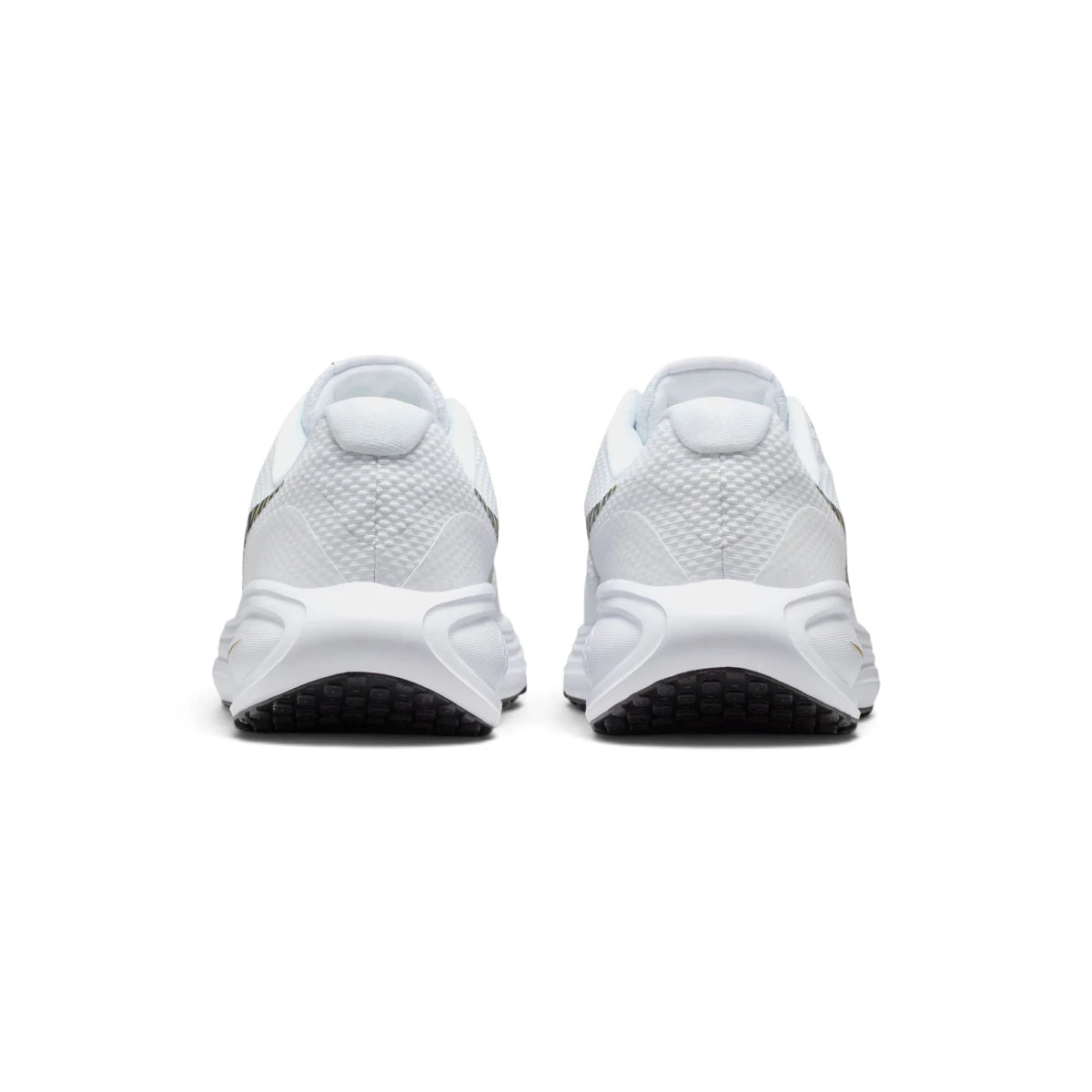 View from Behind Looking at the Rear: Rear-facing perspective focusing on the structured heel overlay, smooth white collar padding, and the curved rear profile of the foam midsole.   