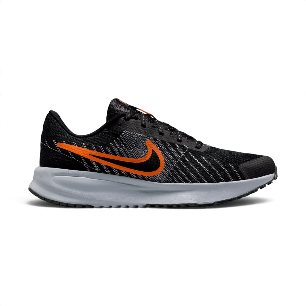Side profile of the Nike Run Defy Men's Road Running Trainer in Black, Total Orange, and Wolf Grey showing engineered mesh upper, Wolf Grey foam midsole, and vibrant Total Orange side Swoosh.