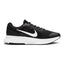 Highlights the athletic lateral profile showing the breathable Black mesh upper, contrasting White Nike Swoosh, Dark Smoke Grey overlay accents, sculpted thick white foam midsole, and black rubber outsole tread.