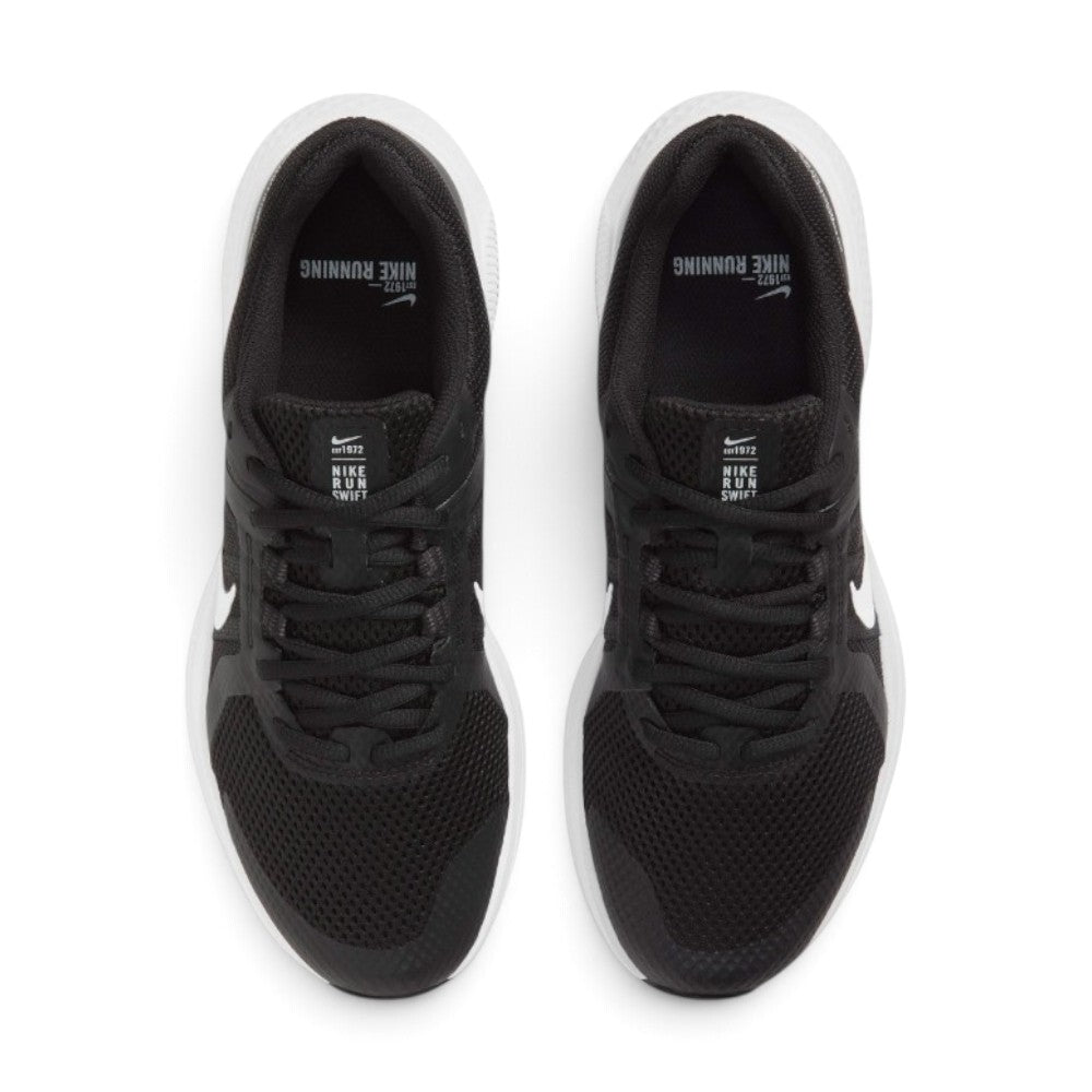Focuses on the locked-in central lacing layout, displaying the flat black laces, midfoot webbing straps, padded mesh tongues with Run Swift 2 branding badges, and cushioned insoles.