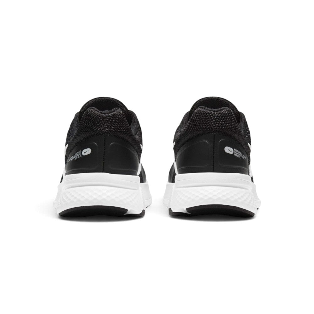 Focuses on the rear profile, displaying the structured heel counter, plush padded foam collar, and the wide, stable base of the foam midsole.