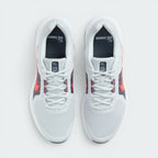 Focuses on the locked-in traditional lacing layout, displaying the perfect symmetry of the grey mesh tongue, the contrast eyelet bands, and the airy mesh guarding the front toe box area.
