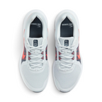 Focuses on the locked-in traditional lacing layout, displaying the perfect symmetry of the grey mesh tongue, the contrast eyelet bands, and the airy mesh guarding the front toe box area.