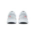 Focuses on the contoured shape of the padded low-cut collar, highlighting the seamless grey heel structure and the printed red Nike Running logo badge sitting squarely above the midsole.