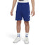 Displays the full lateral silhouette featuring the vibrant Deep Royal Blue French terry body, stitched side cargo pocket with flap closure, clean side seam, and embroidered white Nike Futura logo.