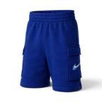 Royal blue Nike cargo shorts with an elastic waistband, side cargo pockets, and a light blue Nike Swoosh on the front pocket, shown on a white background.
