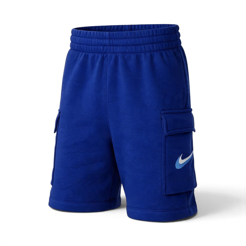 Royal blue Nike cargo shorts with an elastic waistband, side cargo pockets, and a light blue Nike Swoosh on the front pocket, shown on a white background.