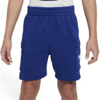 A person wearing royal blue sweat shorts with cargo pockets and an elastic waistband, shown from the waist to mid-thigh against a plain white background.